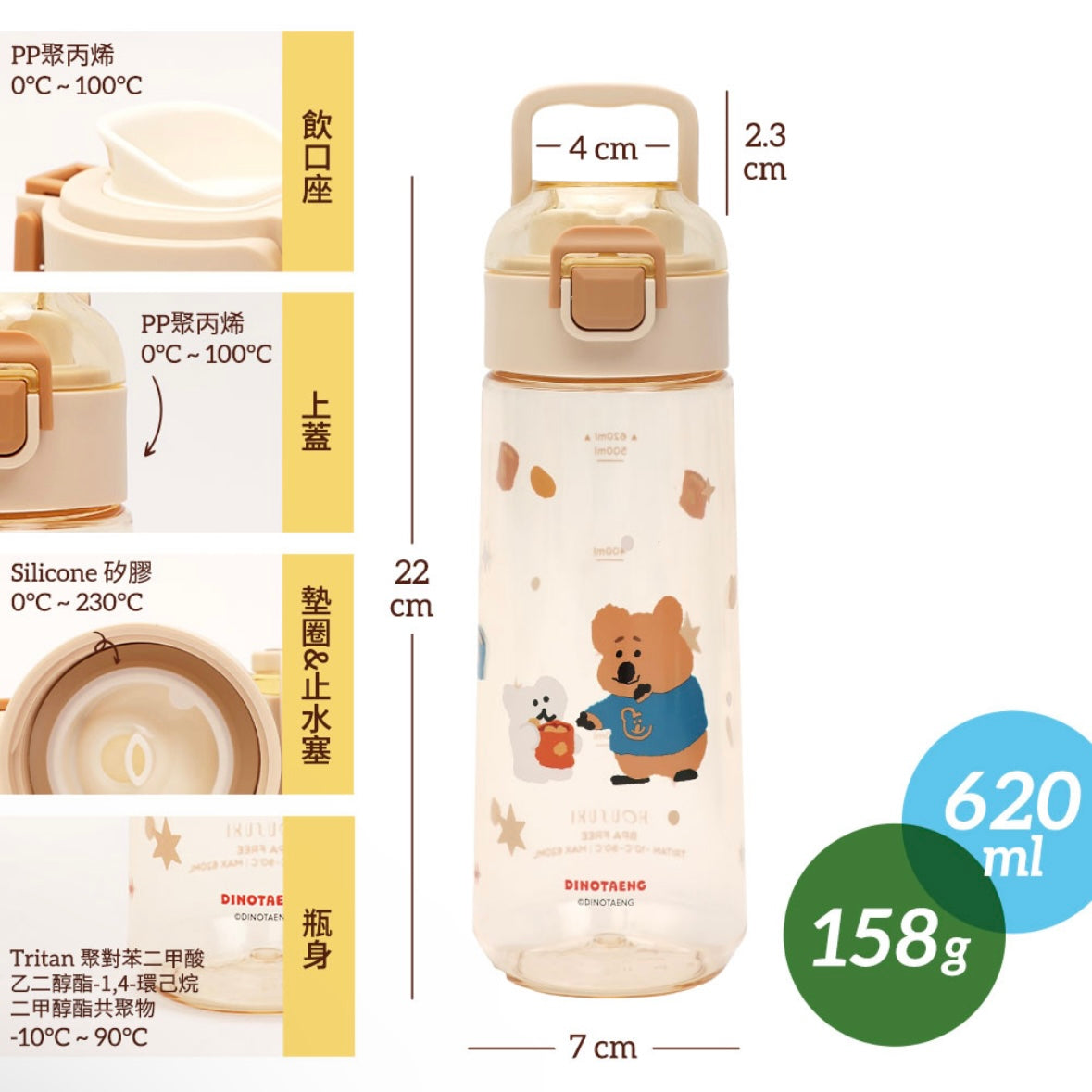 台灣 彈蓋水樽 620ml - Dinotaeng 短尾袋鼠校園系列