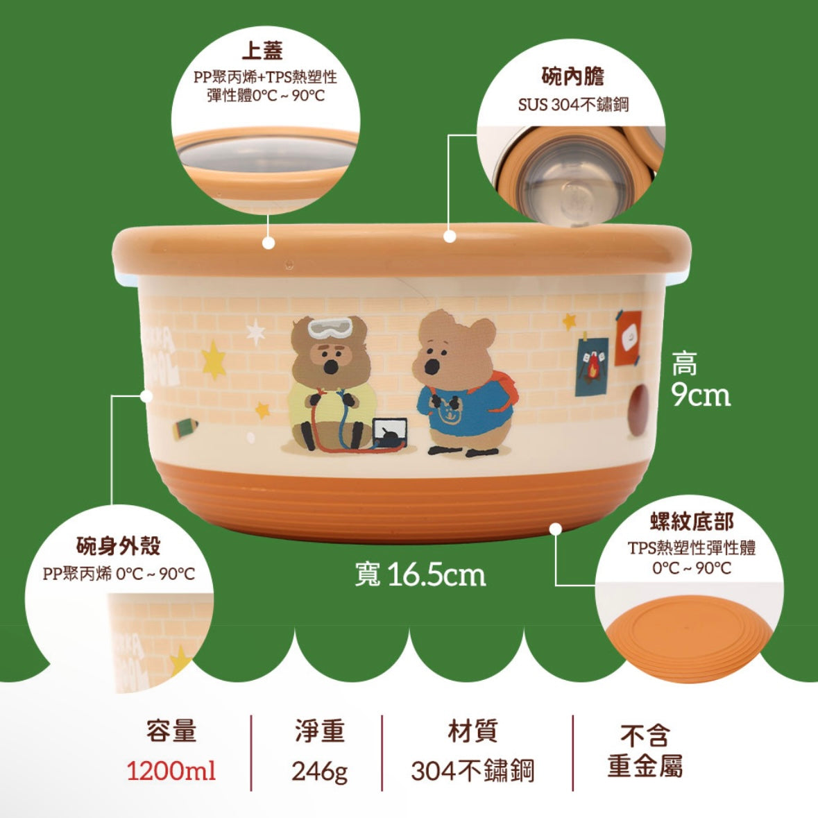台灣 不鏽鋼雙層隔熱碗 1200ml - Dinotaeng 短尾袋鼠校園系列