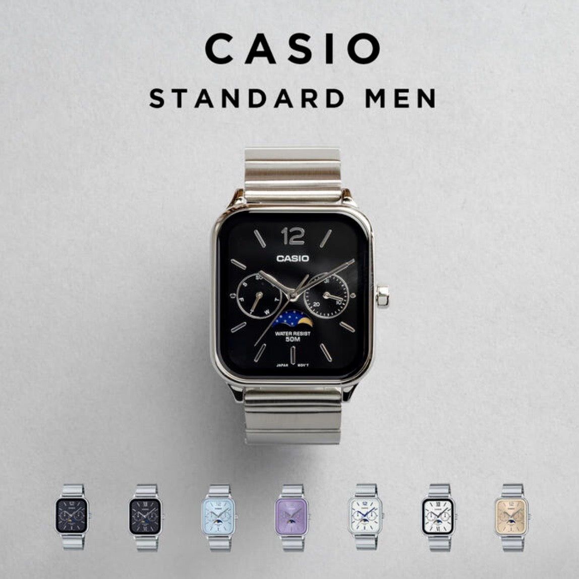 CASIO | MTP-M305 月相顯示盤方角鋼帶手錶 7色