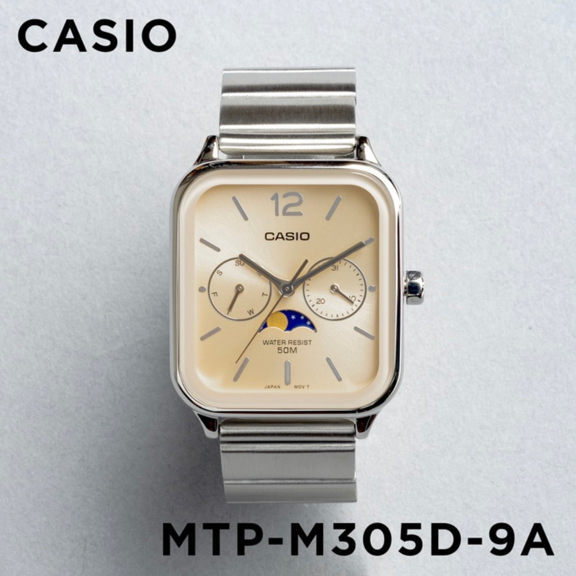 CASIO | MTP-M305 月相顯示盤方角鋼帶手錶 7色