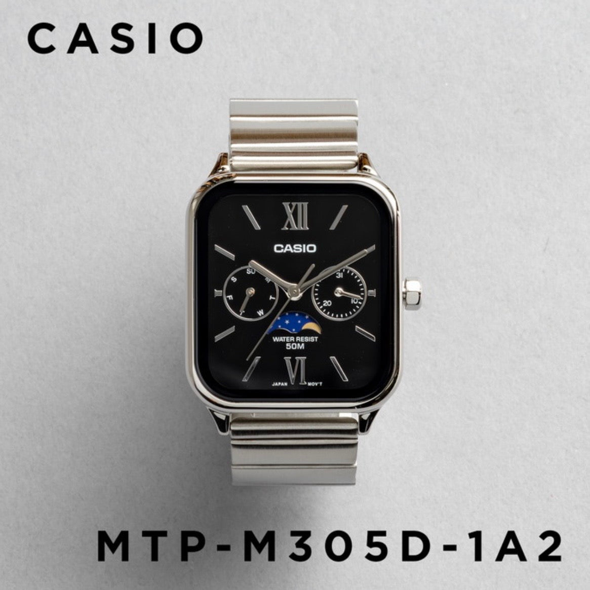CASIO | MTP-M305 月相顯示盤方角鋼帶手錶 7色