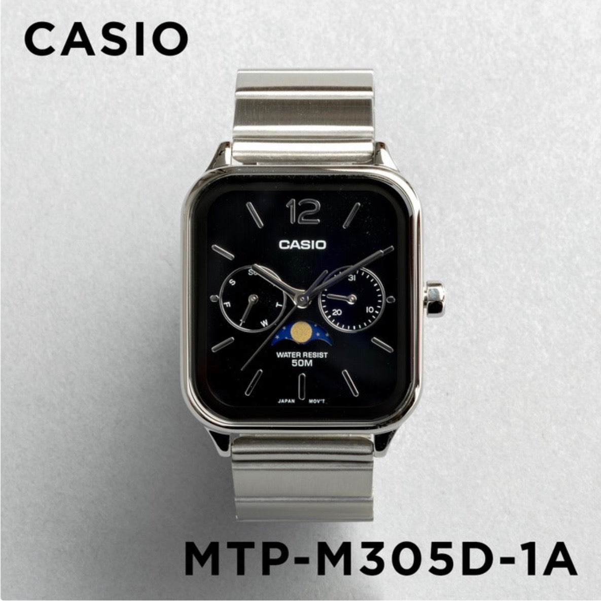 CASIO | MTP-M305 月相顯示盤方角鋼帶手錶 7色