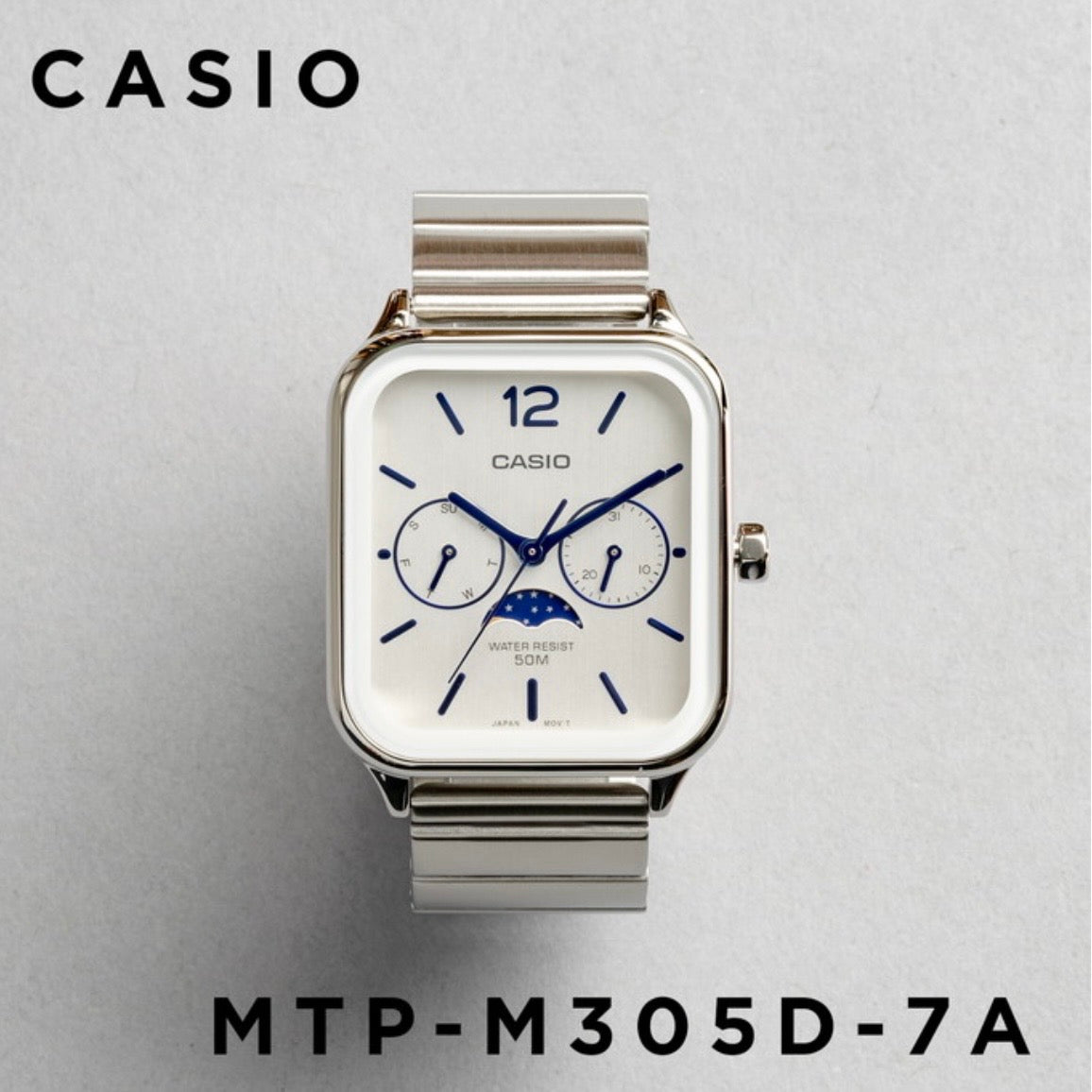 CASIO | MTP-M305 月相顯示盤方角鋼帶手錶 7色